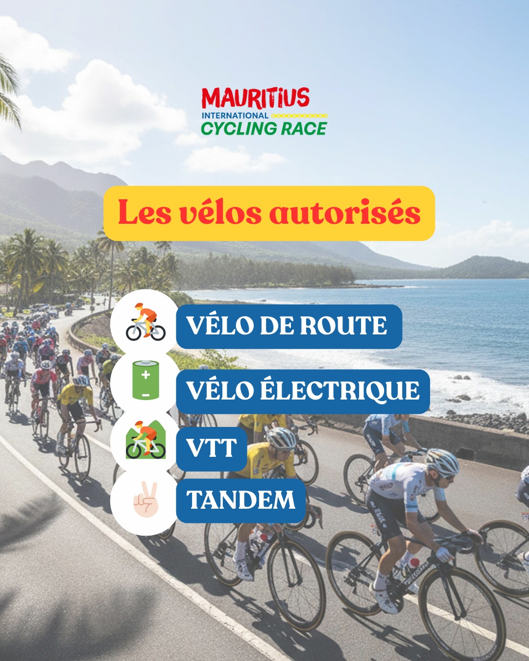 👐 Vous avez forcément le vélo qui convient pour participer 😏

𝐈𝐧𝐟𝐨𝐫𝐦𝐚𝐭𝐢𝐨𝐧𝐬 & 𝐢𝐧𝐬𝐜𝐫𝐢𝐩𝐭𝐢𝐨𝐧𝐬 ⤵️
✍️ https://mauritiusrace.com

#cyclosportive #cyclisme #velo #granfondo #cyclosport #cyclingevent #mauritiusinternationalcyclingrace #cyclingparadise #MauritiusTrail #TrailLife
#TrailAddict #RunTheIsland #rideinparadise #cyclingholidays #ilemaurice #mauritius #mauritiusisland #mauritiusexperience #RunInParadise #OutdoorMauritius #ExploreMauritius #VisitMauritius
