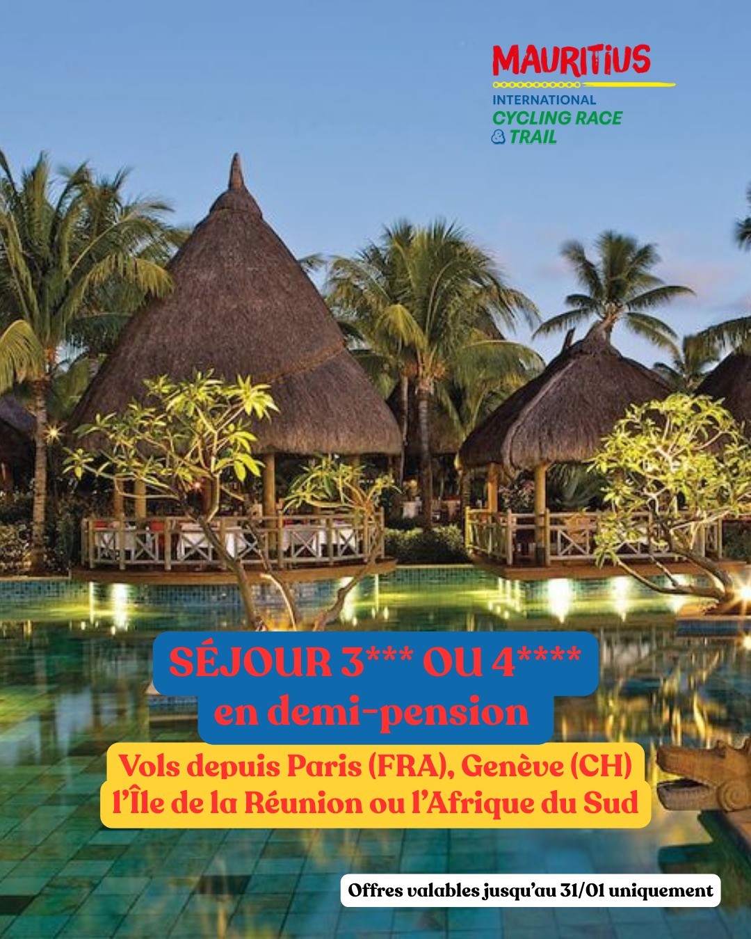🇲🇺 ULTIME RELANCE 🚨
Ce weekend il sera trop tard.

En partenariat avec l’agence de voyage Destination Aventure, nous vous proposons un pack clé en main incluant :
✈️ Vol au départ de Paris ou Genève avec la compagnie Emirates OU depuis l'île de la Réunion avec Air Austral OU depuis l'Afrique du Sud avecAir Mauritius

🏨 Séjour en hôtel 3 ou 4 étoiles en demi-pension

👉 10 jours de voyage à partir de 1 845 € depuis la France / Suisse
👉 6 jours de voyage à partir de 1140 € depuis l'île de la Réunion
👉 6 jours de voyage à partir de 1355 € depuis l'Afrique du Sud

Une offre complète, exclusive, et qui ne se représentera pas.
VALABLE UNIQUEMENT JUSQU'AU 31/01/2026 🚨

𝐈𝐧𝐟𝐨𝐫𝐦𝐚𝐭𝐢𝐨𝐧𝐬 & 𝐢𝐧𝐬𝐜𝐫𝐢𝐩𝐭𝐢𝐨𝐧𝐬 ⤵️
✍️ https://mauritiusrace.com

#cyclosportive #cyclisme #velo #granfondo #cyclosport #cyclingevent #mauritiusinternationalcyclingrace #cyclingparadise #MauritiusTrail #TrailLife
#TrailAddict #RunTheIsland #rideinparadise #cyclingholidays #ilemaurice #mauritius #mauritiusisland #mauritiusexperience #RunInParadise #OutdoorMauritius #ExploreMauritius #VisitMauritius