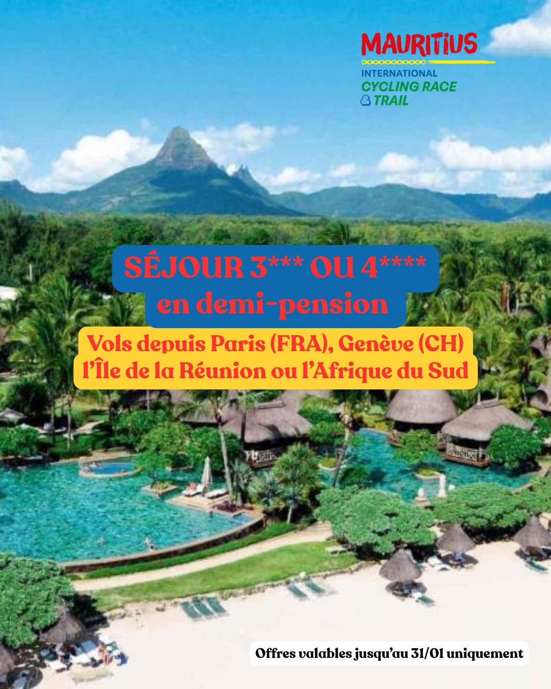 🇲🇺 Il est l'heure de penser à RÉSERVER !

En partenariat avec l’agence de voyage Destination Aventure, nous vous proposons un pack clé en main incluant :
✈️ Vol au départ de Paris ou Genève avec la compagnie Emirates OU depuis l'île de la Réunion avec Air Austral OU depuis l'Afrique du Sud avecAir Mauritius

🏨 Séjour en hôtel 3 ou 4 étoiles en demi-pension

👉 10 jours de voyage à partir de 1 845 € depuis la France / Suisse
👉 4 jours de voyage à partir de 910 € depuis l'île de la Réunion
👉 4 jours de voyage à partir de 1095 € depuis l'Afrique du Sud

Une offre complète, exclusive, et qui ne se représentera pas.
VALABLE UNIQUEMENT JUSQU'AU 31/01/2026 🚨🚨

📷 lexpress.mu

𝐈𝐧𝐟𝐨𝐫𝐦𝐚𝐭𝐢𝐨𝐧𝐬 & 𝐢𝐧𝐬𝐜𝐫𝐢𝐩𝐭𝐢𝐨𝐧𝐬 ⤵️
✍️ https://mauritiusrace.com

#cyclosportive #cyclisme #velo #granfondo #cyclosport #cyclingevent #mauritiusinternationalcyclingrace #cyclingparadise #MauritiusTrail #TrailLife
#TrailAddict #RunTheIsland #rideinparadise #cyclingholidays #ilemaurice #mauritius #mauritiusisland #mauritiusexperience #RunInParadise #OutdoorMauritius #ExploreMauritius #VisitMauritius