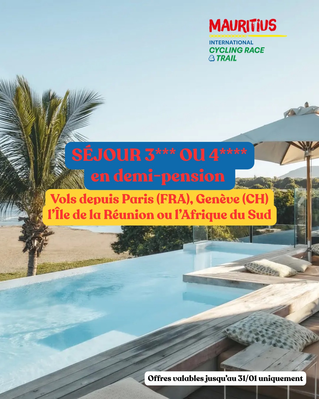 🇲🇺 DERNIÈRE SEMAINE ! 🚨

En partenariat avec l’agence de voyage Destination Aventure, nous vous proposons un pack clé en main incluant :
✈️ Vol au départ de Paris ou Genève avec la compagnie Emirates OU depuis l'île de la Réunion avec Air Austral OU depuis l'Afrique du Sud avecAir Mauritius

🏨 Séjour en hôtel 3 ou 4 étoiles en demi-pension

👉 10 jours de voyage à partir de 1 845 € depuis la France / Suisse
👉 6 jours de voyage à partir de 1140 € depuis l'île de la Réunion
👉 6 jours de voyage à partir de 1355 € depuis l'Afrique du Sud

Une offre complète, exclusive, et qui ne se représentera pas.
VALABLE UNIQUEMENT JUSQU'AU 31/01/2026 🚨

𝐈𝐧𝐟𝐨𝐫𝐦𝐚𝐭𝐢𝐨𝐧𝐬 & 𝐢𝐧𝐬𝐜𝐫𝐢𝐩𝐭𝐢𝐨𝐧𝐬 ⤵️
✍️ https://mauritiusrace.com

#cyclosportive #cyclisme #velo #granfondo #cyclosport #cyclingevent #mauritiusinternationalcyclingrace #cyclingparadise #MauritiusTrail #TrailLife
#TrailAddict #RunTheIsland #rideinparadise #cyclingholidays #ilemaurice #mauritius #mauritiusisland #mauritiusexperience #RunInParadise #OutdoorMauritius #ExploreMauritius #VisitMauritius